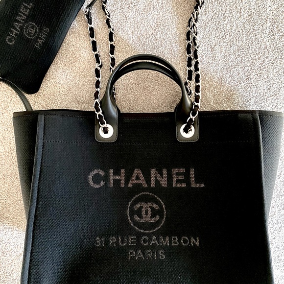 FULL SET - CHANEL Deauville Large Shopping Bag (Black Canvas w/ Silver Hardware) - Picture 9 of 17
